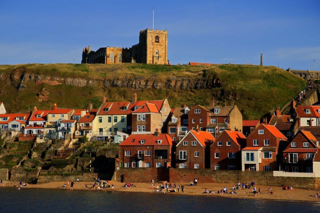 Yorkshire coastal town showing red roof houses