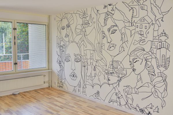 single line drawing wall mural