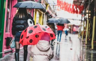 a little girl holding an umbrella while walking down a street