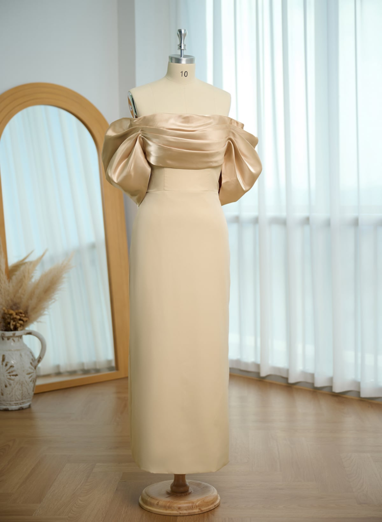 ff-The-Shoulder Ankle-Length Elastic Satin Evening Dresses With Back Slit