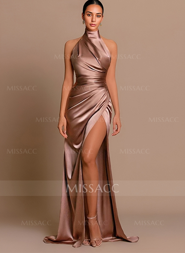 Missacc Sheath/Column Halter Charmeuse Evening Dress With High Split