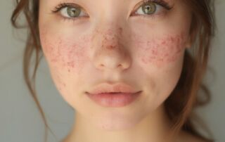 A person with green eyes and freckles across their cheeks and nose